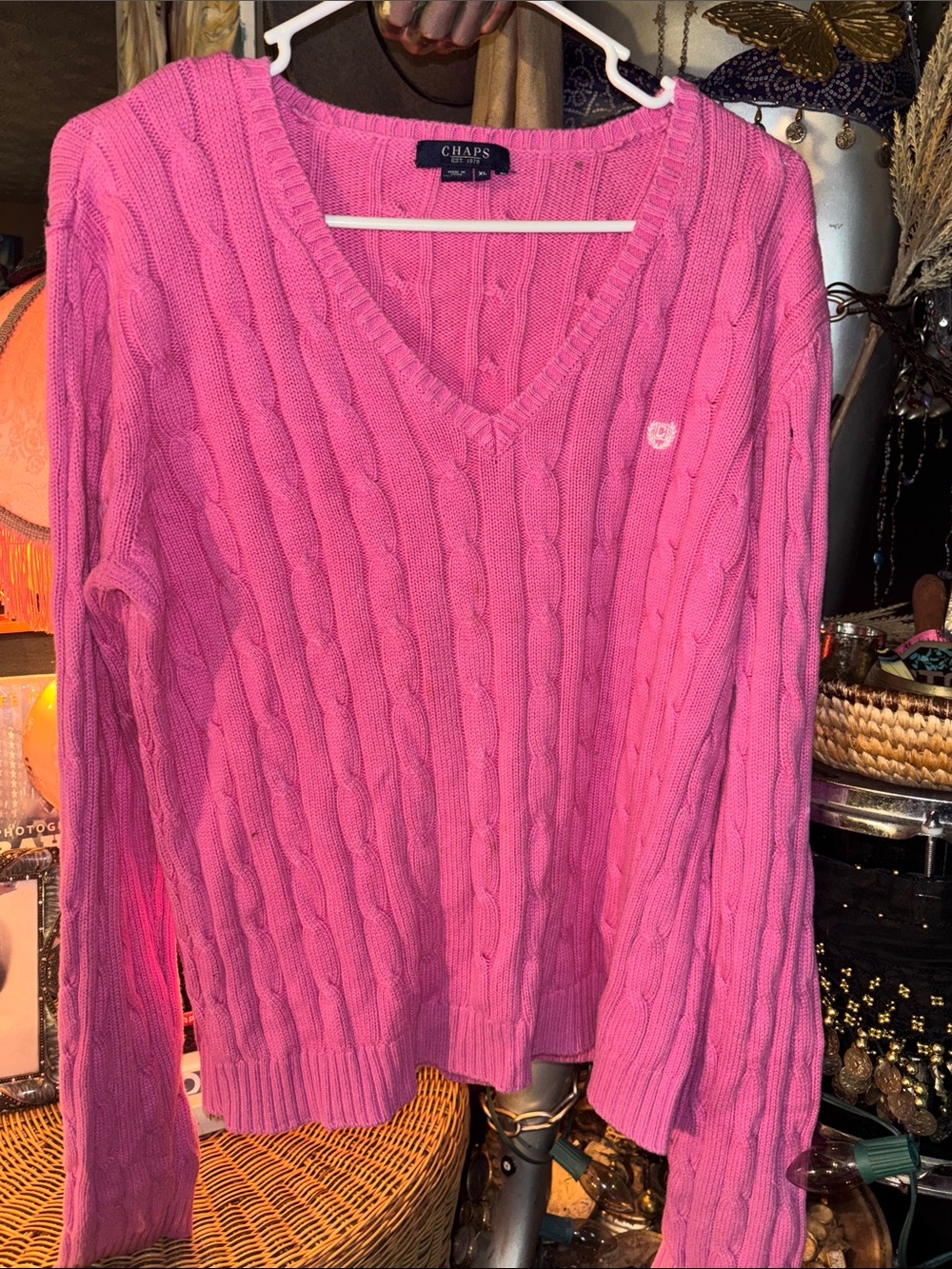 Vintage Chaps Pink Cable-Knit V-Neck Sweater